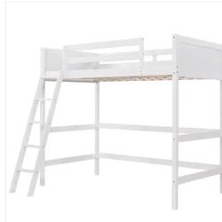 White Solid Wood Twin Size Loft Bed with Ladder