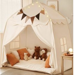 Extra Large Kids Play Tent with Flags & Star Lights, Portable & Foldable Teepee, Boys & Girls, Indoor Outdoor Dome Tent Playhouse, 59x39x59 in, Crea