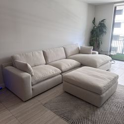NEW Beige Linen Cloud Couch Sectional W/Ottoman
