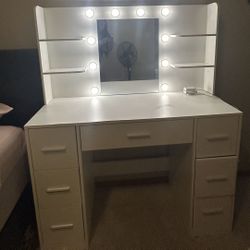 Vanity Makeup Vanity with Hollywood LED Lights & Shelves
