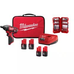 Milwaukee M12 Cordless 1/4 in. Hex Screwdriver, 4 Batteries, Charger, Bag, and Bit Set