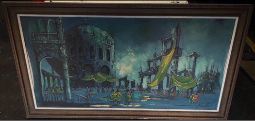 Vintage Mid Century Modern Pontti Architectural Painting MCM Blue Green Ruins