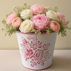 White Metal Bucket with Pink Rose Stencil