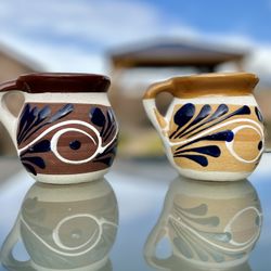 2 Jarrito de Barro Decorado /Decorated Mexican Clay Cup for Coffee Tea Hot Coco