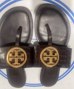 Tory Burch Brown Croc-Embossed Leather Sandals