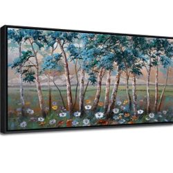 DVQ ART Canvas Wall Art - Teal Birch Trees Nature Artwork - Large Framed Wall Decor for Bedroom, Office - Modern Abstract Painting - Wall Pictures for