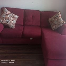Burgundy color, fabric ,L Shaped Sofa With Cushions 
