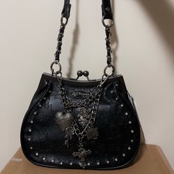 Ed Hardy Black Kisslock Handbag Faux Leather Skull Tattoo Silver Charms NWT