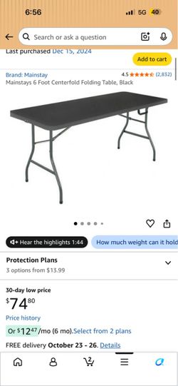 Mainstays 6 Foot Centerfold Folding Table, Black