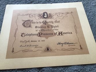 Vintage Document Certificate From Telephone Pioneers Of America