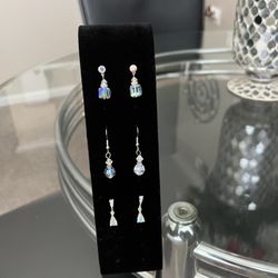 3 Pairs of Elegant Silver and Iridescent Crystal Earring Set