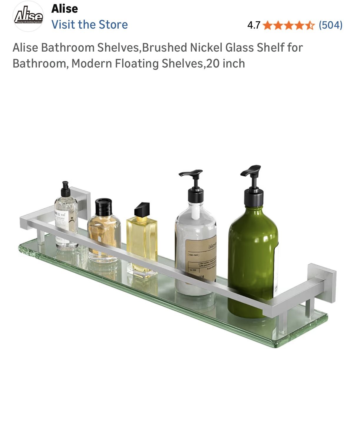 Alise Bathroom Brushed Nickel Glass Shelf, Modern Floating Shelf, 20 inch New