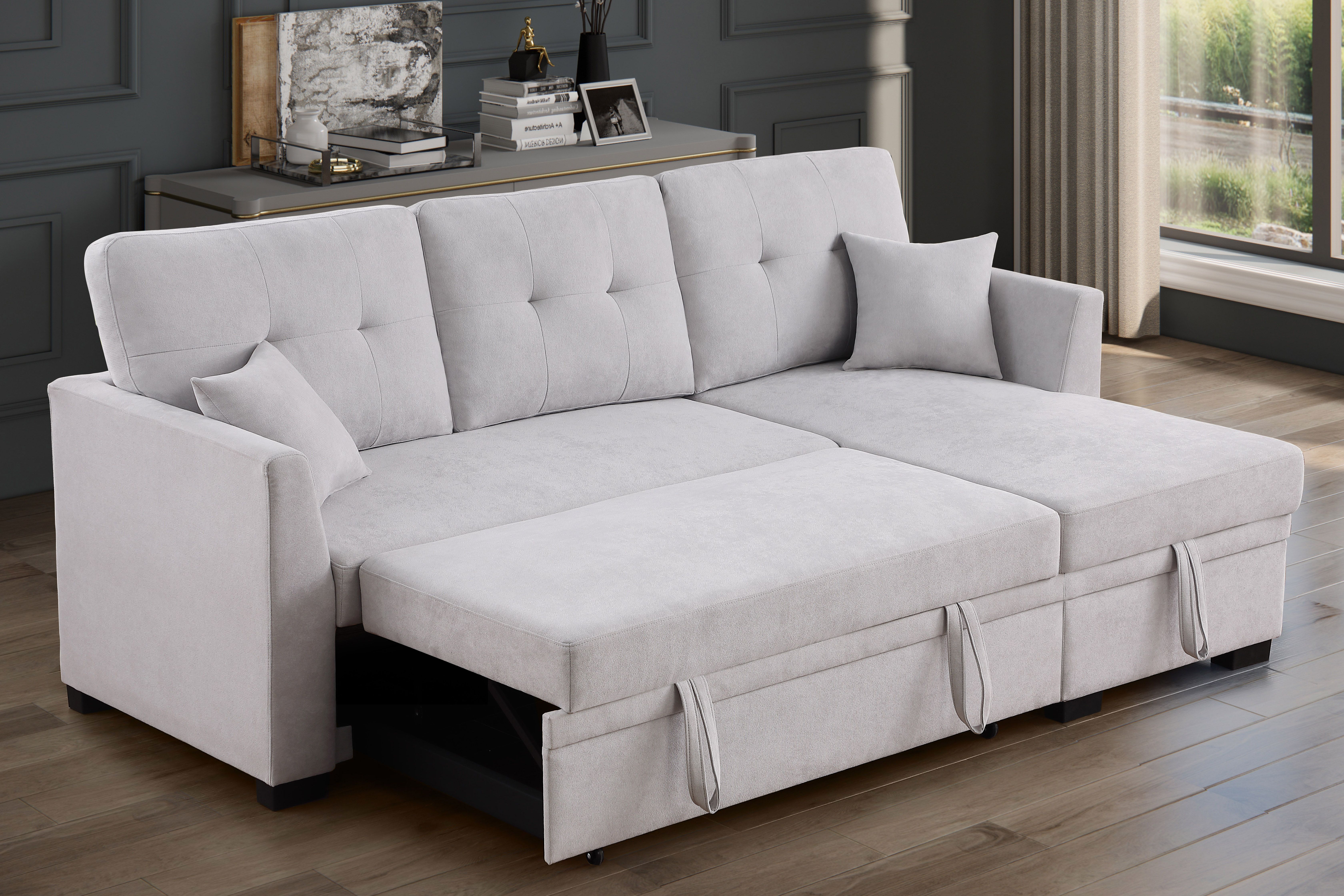 NEW Light Grey Fabric Sectional with Reversible STORAGE Chaise Left Right Pullout Sleeper Bed Sofabed Ashley Style Discount BIG Clearance SALE Black