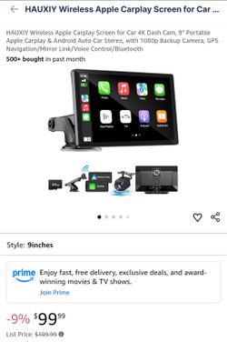 HAUXIY Wireless Apple Carplay Screen for Car 4K Dash Cam, 9" Portable Apple Carplay & Android Auto Car Stereo, with 1080p Backup Camera, GPS Navi