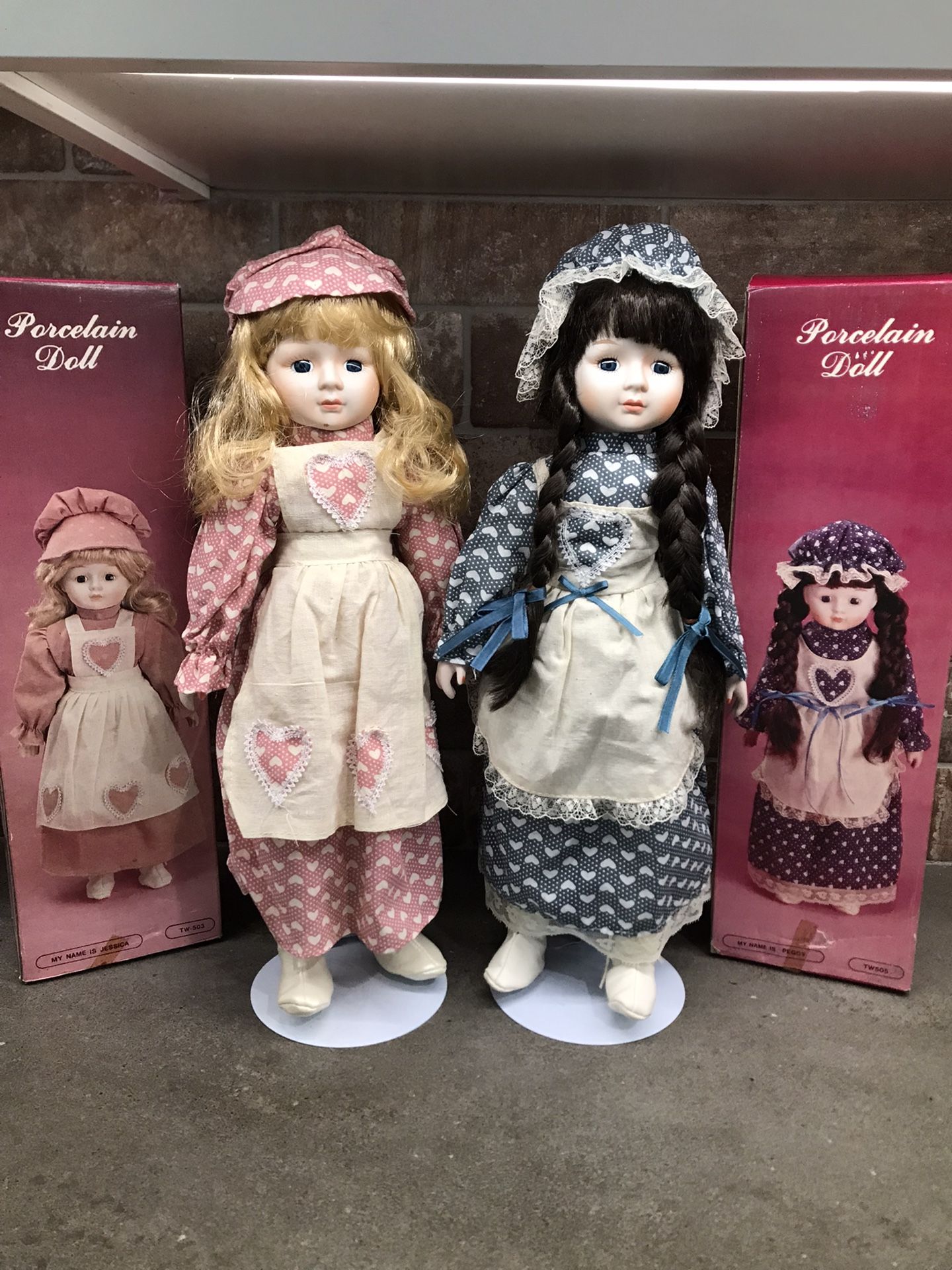 2 New Vintage 16” Porcelain Dolls & Stands. Dolls have never been displayed stored in box only $30