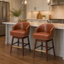26.4"H Swivel Faux Leather Upholstered Solid Wood Counter Bar Stools - Set of 2 - 26.4''-Brown Cushion+Brown Legs