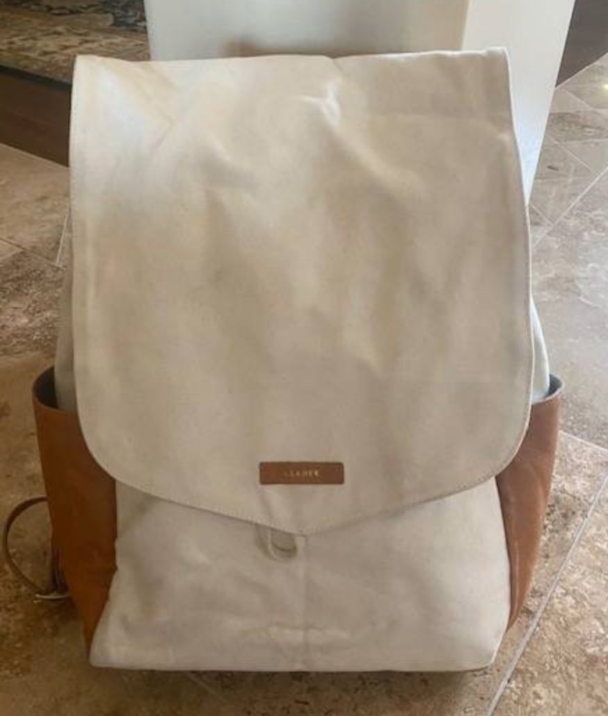 Leader Canvas & Leather Backpack diaper bag  Cream and Brown with attachments Leader Diaper Bag Backpack- Grey, Camel, Cream- Canvas  main image 4