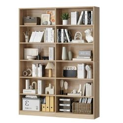 🔥 74.3” Double Wide 6-Tier Bookcase, Extra Large Wooden Freestanding Display Bookshelf for Home Office Living Room, Light Oak