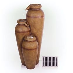 43" H Brown Solar Powered 3-Tier Cascading Vase Fountain Waterfall Yard Decoration with LED Lights