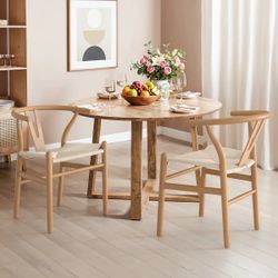 Set of 2 Natural Wood Wishbone Dining Chairs – Woven Seat