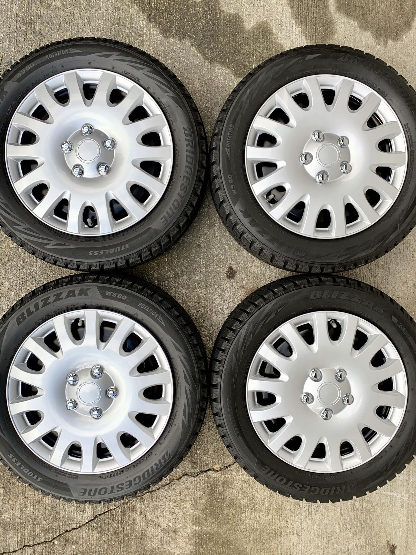 205 55 16 Blizzak studless winter tires on 16” Steel rims 5x108 & 5x114.3