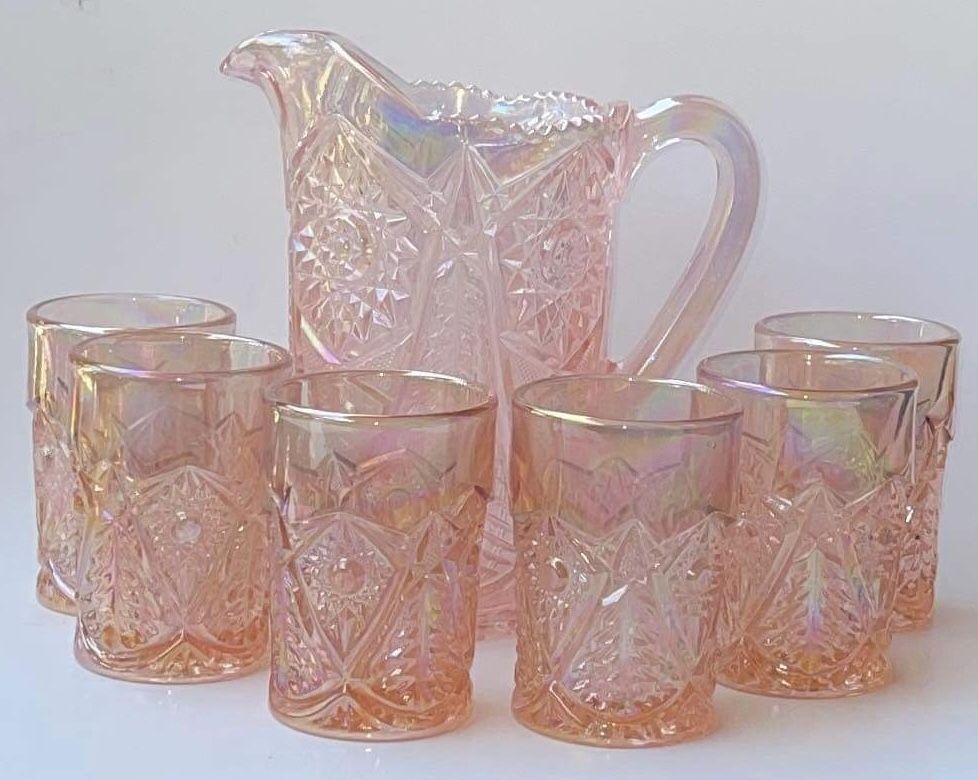 Vintage Pink Carnival Lemonade Set Pitcher And 6 Cups