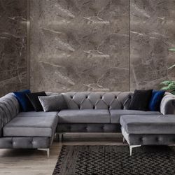 Lexi Gray Velvet LAF Sectional with Ottoman /couch /Living room set