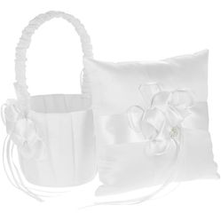 Flower Basket and Ring Pillow Set, Ivory Satin Bowknot Ring Bearer Pillow and Wedding Flower Girl Basket Set (Flower) Thumbnail