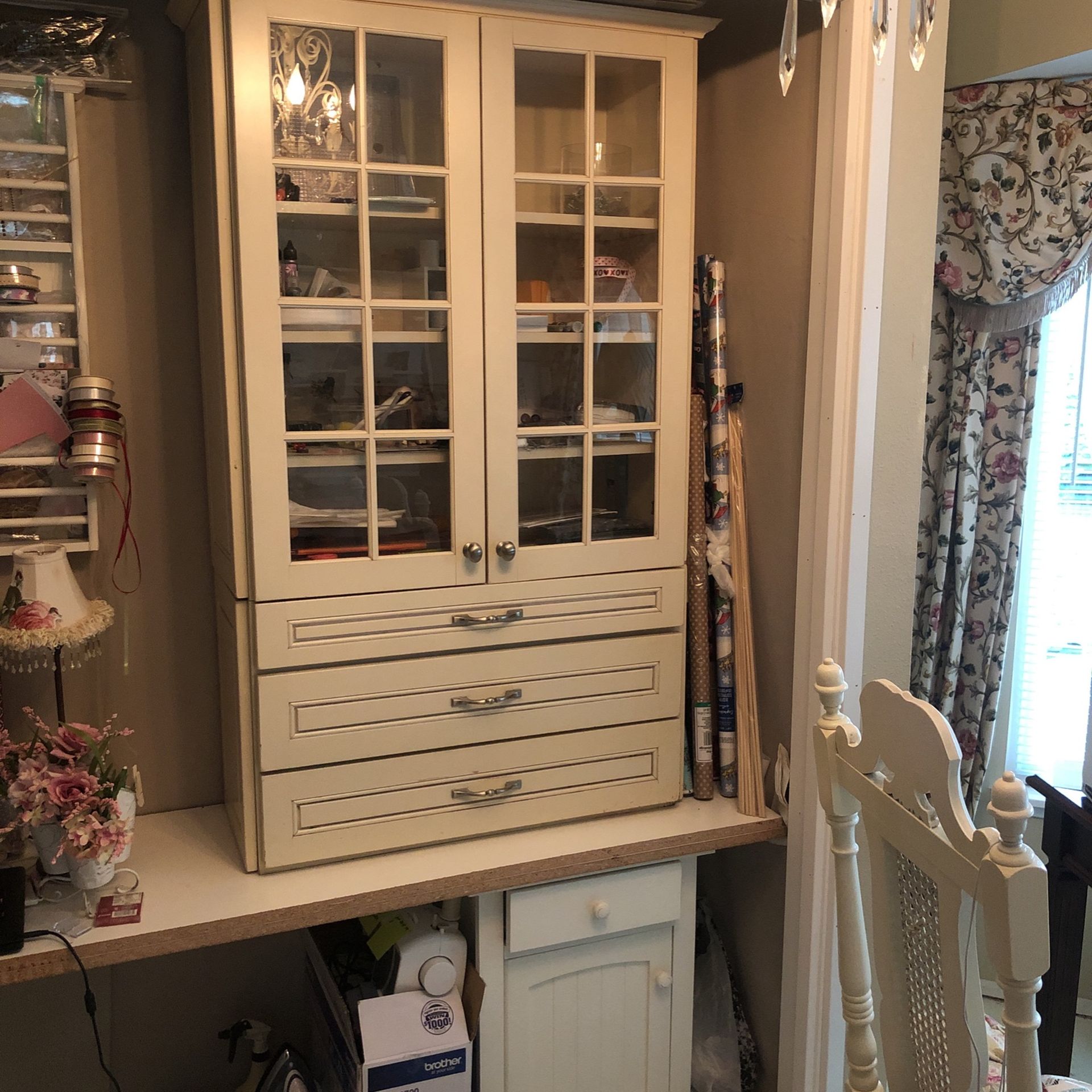 Cream Cabinet w/glass paned doors & 3 drawers