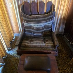 Large Solid Wood Cushioned Oak Chair With Matching Ottoman 