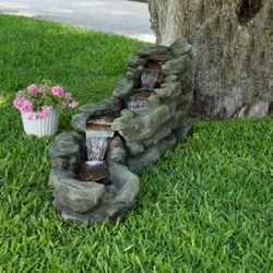 Outdoor Floor Rocky River Rapids Water Fountain with LED Lights and Natural Stone Look, 20", Brown