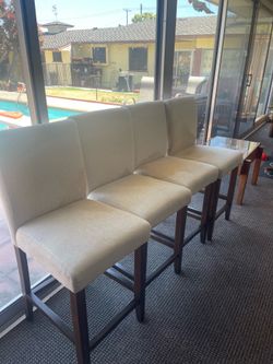 Set of 4 Upholstered Counter Height Stools - Beige Fabric & Dark Wood