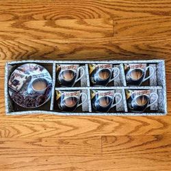 NEW 6-piece set of porcelain ceramic enamel espresso coffee caffe cafe cups mugs and saucers plates