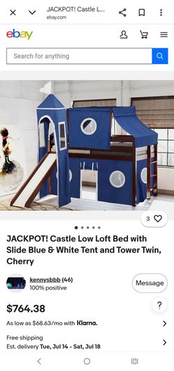 JACKPOT! Kids Solid Wood Twin Castle Loft Bed with Slide & Tent.