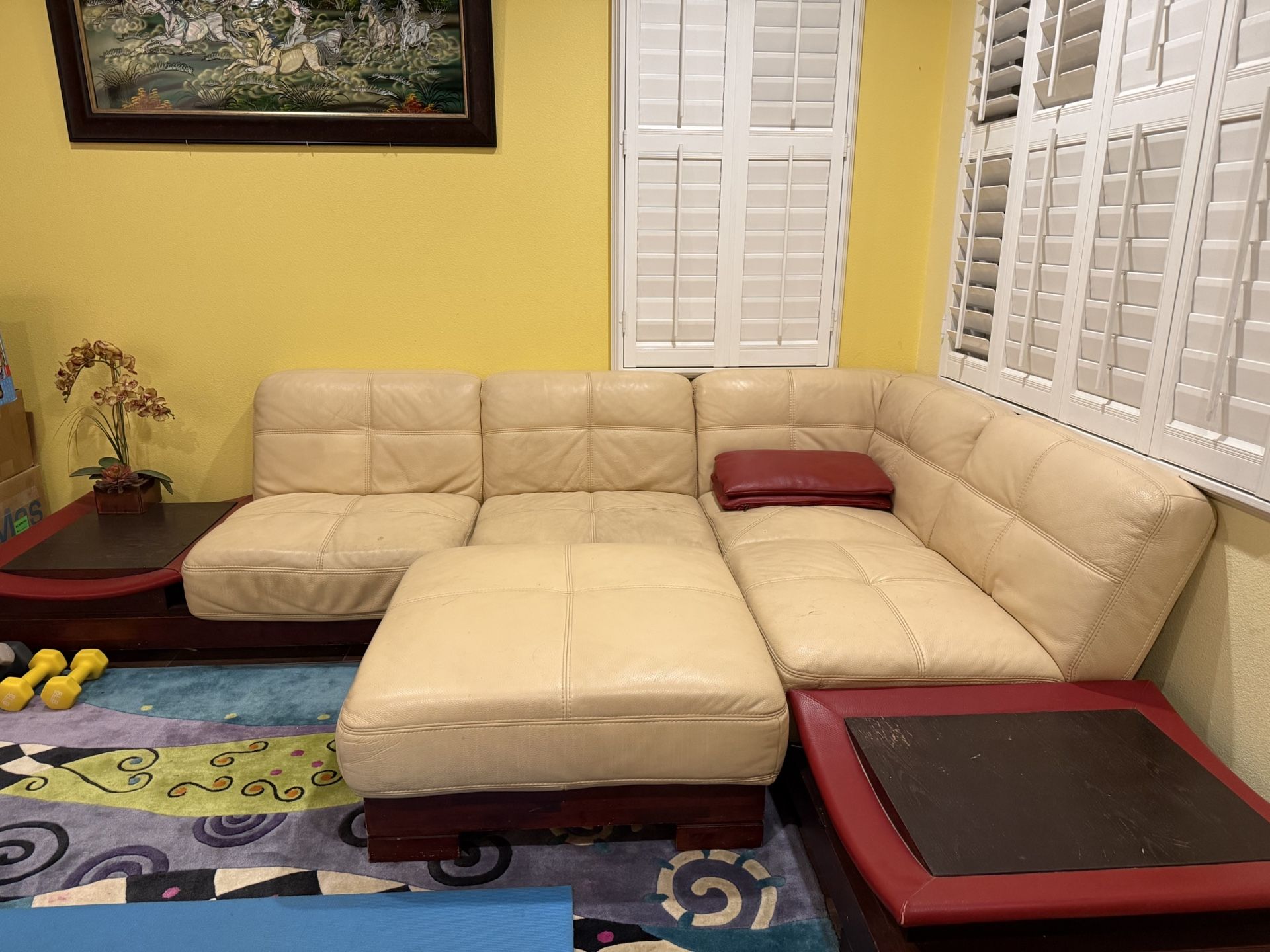 Beige Leather Sectional Sofa With Ottoman Good Condition