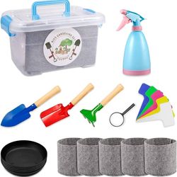 Tigerhu Kids Gardening Tools - Garden Tools Set - Kids Metal, Includes Sturdy Storage Box, Watering Can, Shovels, Rake, Stakes, Magnifier, Tray, Plant