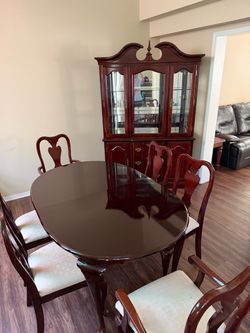 Cherry Wood Dining Table Set with China Cabinet