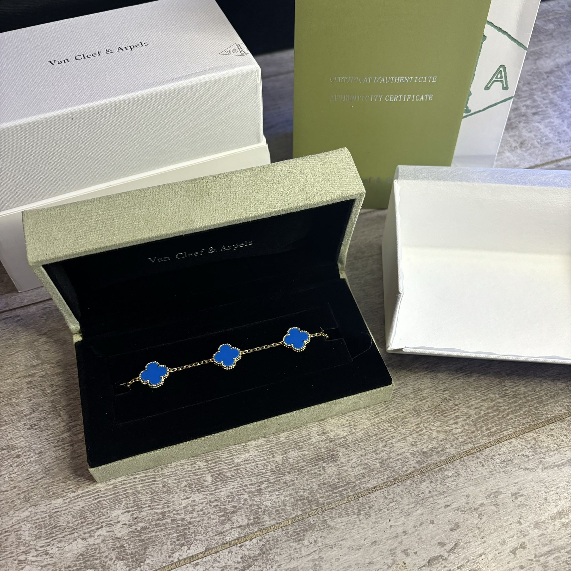 Gold & Blue Vintage Alhambra 5 Motif Van Cleef & Arpels Bracelets