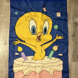 Vtg Looney Tunes Tweety Bird Birthday Cake Yard Garden Flag Banner Blue 28 x 42"