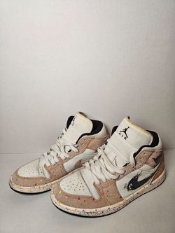 Nike Air Jordan 1 Mid w/ Paint-Splatter Accents Size US 7 Womens White Tan