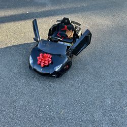 Awesome black Lamborghini style ride-on electric car. Has cool scissor doors and red accents. Comes with a seatbelt. remote and music Great for little