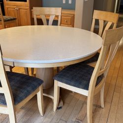 Solid Maple Round Dining Table + 7 Chairs – Corian Top