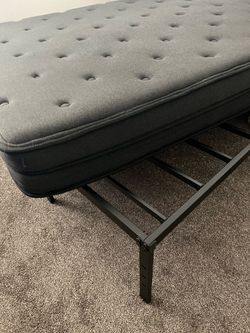Full mattress, metal frame, mattress cover and sheets