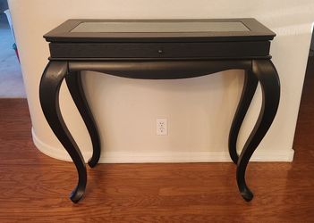 Black French Provincial Console Table - Glass Curio Top & Drawer