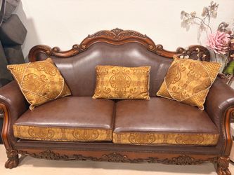 Traditional Brown Leather & Wood Sofa