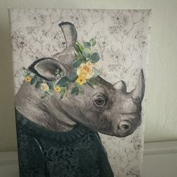 5 X 7 Printed Canvas Rhinoceros With Crown Of Flowers