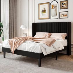 B855 $100  Full Size Velvet Bed Frame with Vertical Channel Tufted Wingback Headboard, Upholstered Platform Bed with Wood Slats, No Box Spring Needed,