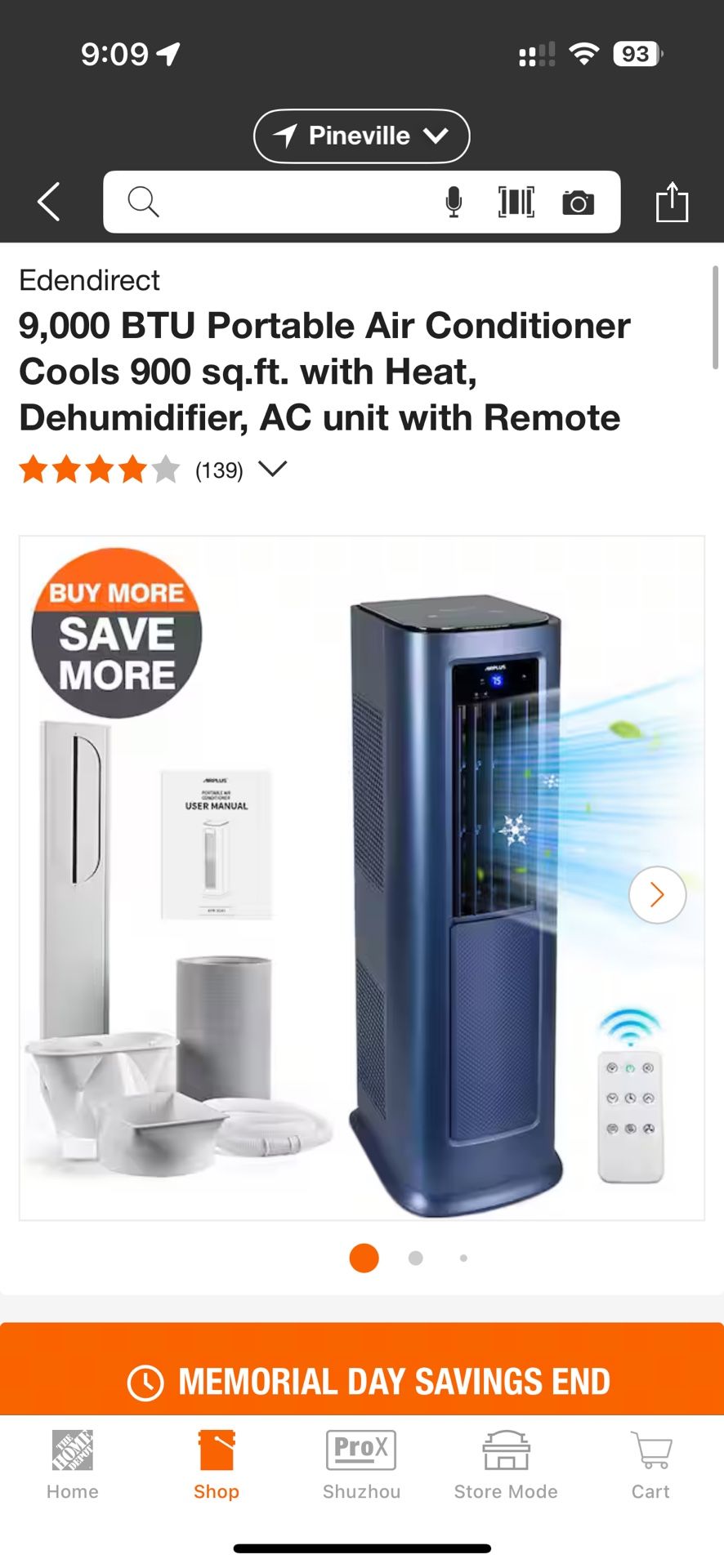 Brand New 9,000 BTU Portable Air Conditioner Cools 900 sq.ft. with Heat, Dehumidifier, AC unit with Remote