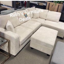 Beautiful 3-Pc Corduroy Sectional Sofa W/Ottoman Storage 