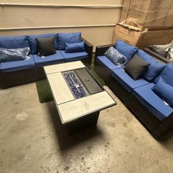 New Navy Blue Outdoor Patio Furniture Set With Fire Pit Table